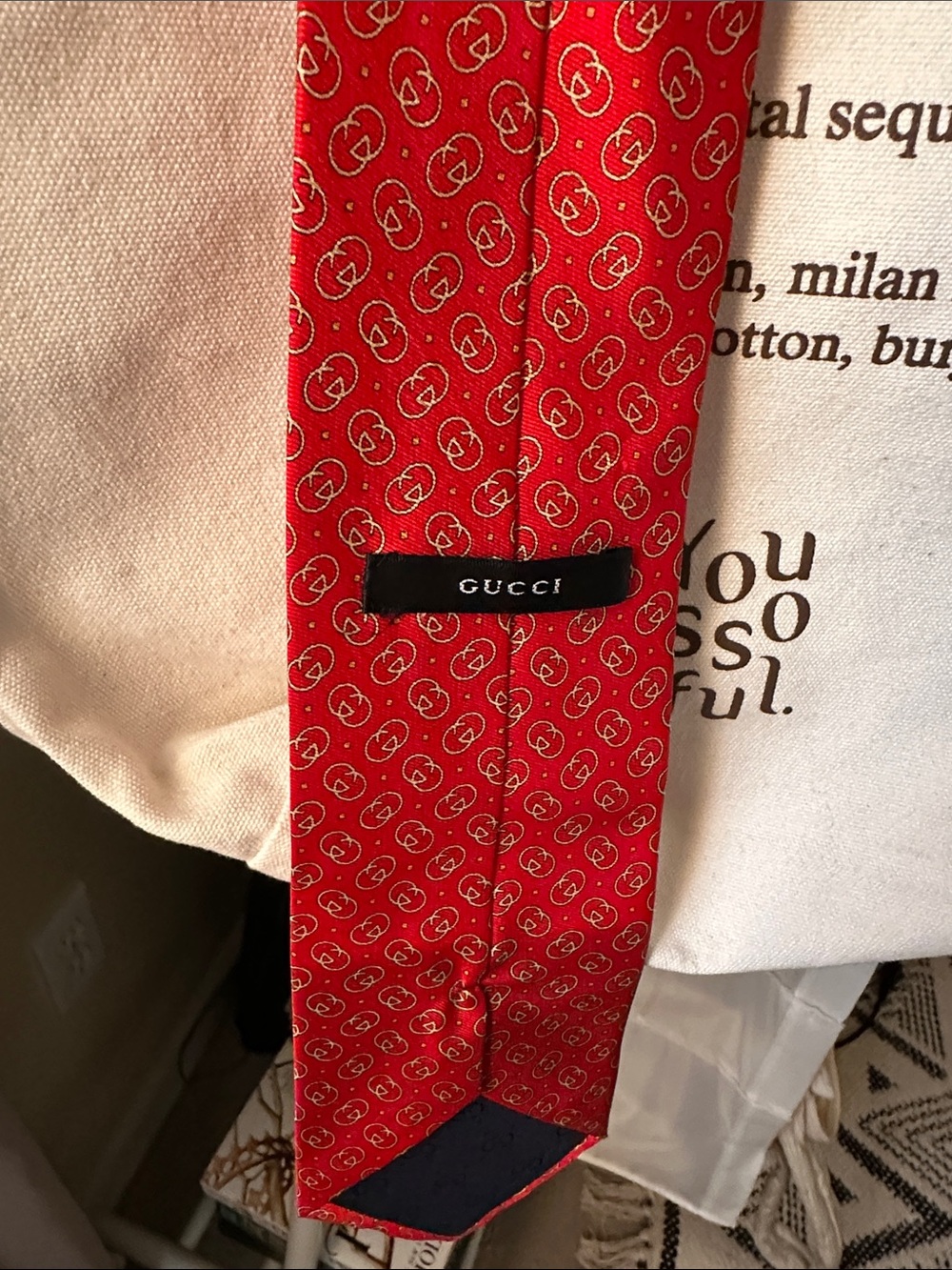 Designer Gucci Red Silk Tie with Subtle Logo Medallions
